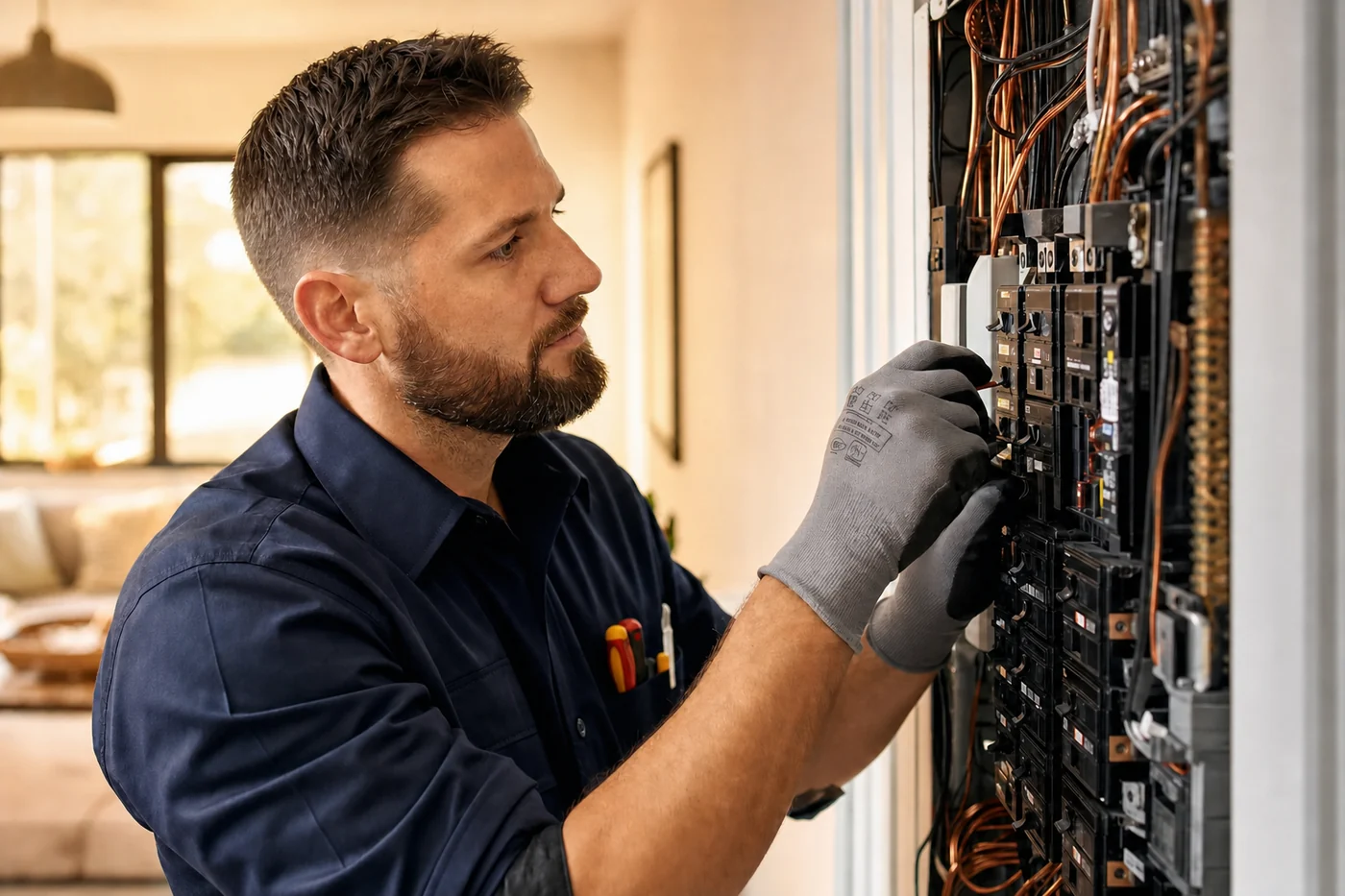 Professional electrician working on an electrical panel